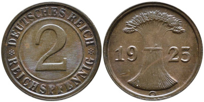 ГЕРМАНИЯ 2 РЕЙХСПФЕННИГА 1925 G, ВЕЙМАРСКАЯ РЕСПУБЛИКА (1919-1933) KM 38, Jager 314, Weege 4 бронза 4546-837
