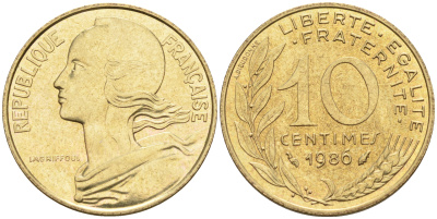 Франция 10 сантимов 1986 тип Марианна KM 929 медь алюминий никель 4594-1219