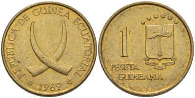 Экваториальная Гвинея 1 песета 1969 республика, диаметр 19,5 мм. KM 1 алюминиевая бронза 66-758