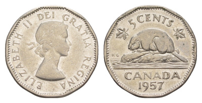 Канада 5 центов 1957 Елизавета II (1952-2022), бобр KM 50a никель 4636-559