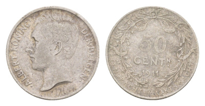 Бельгия 50 сантимов 1911 Der Belgen, Альберт I (1909-1934) KM 71 серебро 4658-764