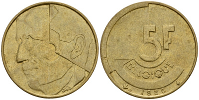 Бельгия 5 франков 1986 Belgique, Бодуэн I (1951-1993) KM 163 алюминиевая бронза 4601-137