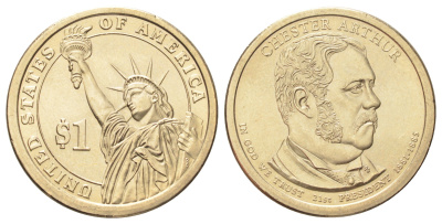 США 1 доллар 2012 Президент США - Честер Алан Артур (1881–1885) KM 524 медь с марганцево-латунным покрытием UNC 4666-1016