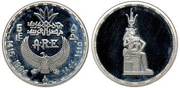 Египет 5 фунтов 1994 богиня Исида с ребенком KM 830 серебро  PROOF  11-145-13