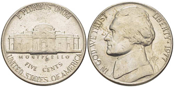 США 5 ЦЕНТОВ 1977 ДЖЕФФЕРСОН KM А192 медно-никель 210-725