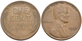 США 1 ЦЕНТ 1957 ЛИНКОЛЬН KM А132 медь цинк 3309-1165