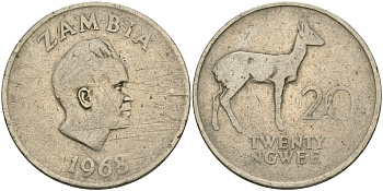 Замбия 20 нгве 1968 Кеннет Каунда, редунки KM 13 медно-никель 4162-121