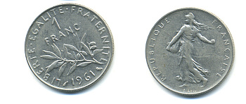 ФРАНЦИЯ 1 ФРАНК 1961 СЕЯТЕЛЬ KM 925.1 никель 86-1812