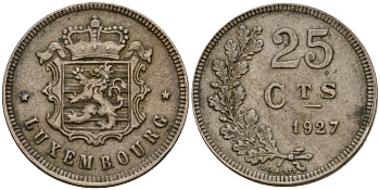 Люксембург 25 сантимов 1927 Шарлотта (1918-1964) KM 37 медно-никель 4577-941
