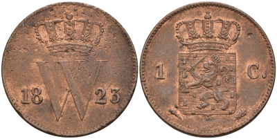 Нидерланды 1 цент 1823 Виллем I KM 47 медь 4595-324