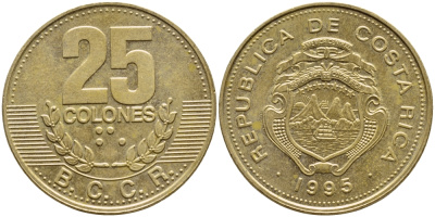 КОСТА-РИКА 25 КОЛОН 1995 B.C.C.R., ГОД ТИП KM 229 сталь плакированная латунью 51-1236