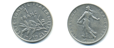 ФРАНЦИЯ 1 ФРАНК 1961 СЕЯТЕЛЬ KM 925.1 никель 86-1812