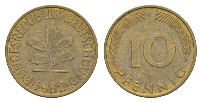 ФРГ 10 пфеннигов 1982 F KM 108, J. 383 сталь плакированная латунью 4627-113