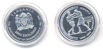 Танзания 2000 шиллингов 1996 XXVI Олимпийские игры 1996 года в Атланте, 100 лет Олимпийскому движению, боксеры, пробник, рубчатый гурт алюминий PROOF 06-157-31