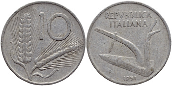ИТАЛИЯ 10 ЛИР 1951 R, ПЛУГ KM 93 алюминий 4397-526
