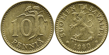 ФИНЛЯНДИЯ 10 ПЕННИ 1980 K KM 46 алюминиевая бронза 46-234