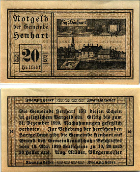 Австрия, Хёнхарт 20 геллеров 1920 нотгельд, 19 мая 1920, Верхняя Австрия   бумага   8608-22-3-1