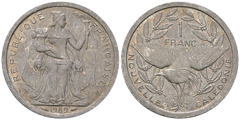 Французская Новая Каледония 1 франк 1989 птица кагу, (IEOM) KM 10, Schoen 10, Lec 49 алюминий 53-646