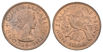 Новая Зеландия 1 пенни 1964 Елизавета II (1952-2022), новозеландский туи KM 24.2 бронза aUNC 4587-1141