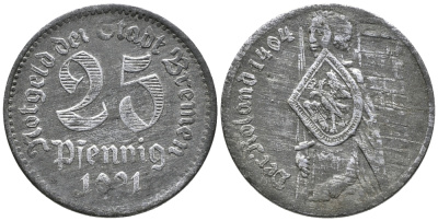 БРЕМЕН 25 ПФЕННИГОВ 1921 НОТГЕЛЬД, СТАТУЯ РОЛАНДА цинк 24-1157