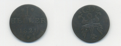 Франкфурт 1 геллер 1821 GB AKS 30, Jaeger 10, KM 301 медь 46-413