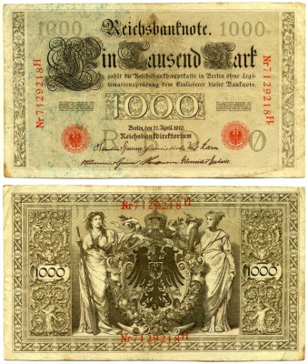 Германия 1000 марок 1910 21 апреля 1910, красная печать, номер семизначный, серия H, буква O Pick 44, Роземберг 45c бумага VF- 8606-41-2-2