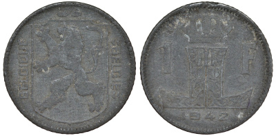 Бельгия 1 франк 1942 Леопольд III, Belgique-Belgie KM 127 цинк 4163-142