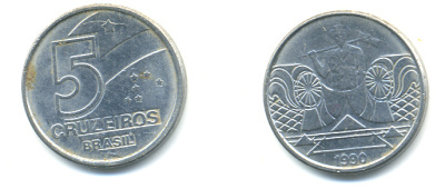 Бразилия 5 крузейро 1990 фермер KM 618.1 нержавеющая сталь aUNC 93-711