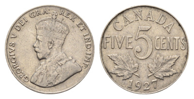 Канада 5 центов 1927 Георг V (1910-1936) KM 29 никель 75-1638