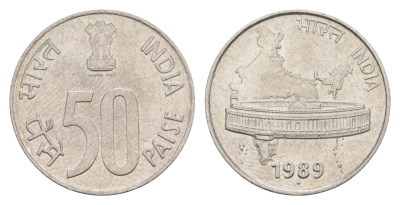 Индия 50 пайсов 1989 круг - монетный двор Ноида KM 69 нержавеющая сталь 4613-325