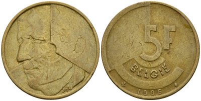Бельгия 5 франков 1986 Belgie, Бодуэн I (1951-1993) KM 164 алюминиевая бронза 4601-237