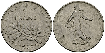 Франция 1 франк 1961 сеятель KM 925 никель 4135-822