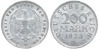 Германия 200 марок 1923 D KM 35, J. 304, Weege 22 алюминий 4604-555