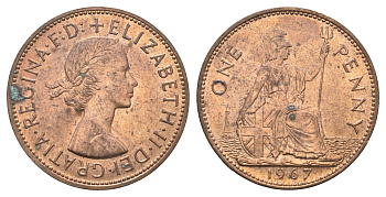Великобритания 1 пенни 1967 Елизавета II (1952-2022) KM 897, Spink 4157 бронза UNC 4661-1015