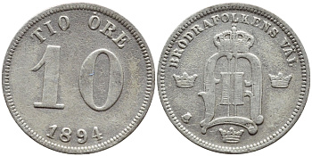 Швеция 10 эре 1894 EB, Оскар II (1872-1907) король Швеции и Норвегии KM 755 серебро 1530-543