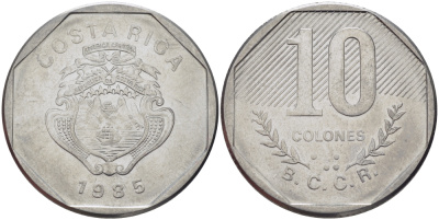 Коста-Рика 10 колонов 1985 B.C.C.R. KM 215.2 нержавеющая сталь 82-123