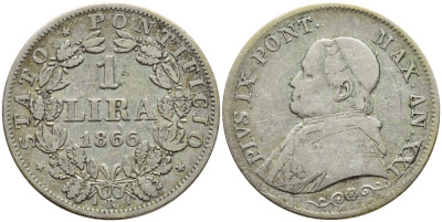 Ватикан 1 лира 1866 R, год XXI, папа Пий IX (1846-1878) , малая голова, орнамент под бюстом KM 1377.2 серебро 4390-212