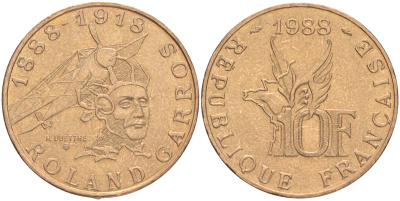 Франция 10 франков 1988 100 лет со дня рождения Ролан Гарроса (1888-1918) KM 965 алюминиевая бронза UNC 189-313