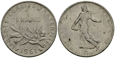 Франция 1 франк 1961 сеятель KM 925 никель 4135-822