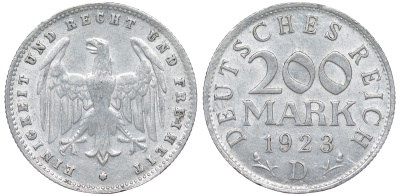 Германия 200 марок 1923 D KM 35, J. 304, Weege 22 алюминий 4604-555