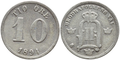 Швеция 10 эре 1894 EB, Оскар II (1872-1907) король Швеции и Норвегии KM 755 серебро 1530-543