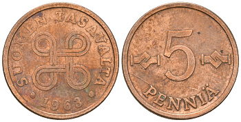 Финляндия 5 пенни 1963 KM 45 медь 4174-759