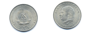 ГДР 20 марок 1971 A, 85 лет со дня рождения Эрнста Тельмана KM 34, J. 1535 медно-никель 3333-524