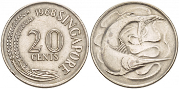 СИНГАПУР 20 ЦЕНТОВ 1968 ГОЛУБОЙ МАРЛИН, ТУНЕЦ KM 4 медно-никель 4548-351