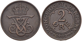ДАНИЯ 2 ЭРЕ 1909 VBP; GJ, ФРЕДЕРИК VIII KM 805 бронза 28-341