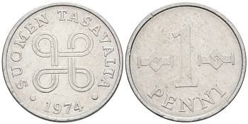 Финляндия 1 пенни 1974 KM 44а алюминий 192-1262