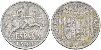 ИСПАНИЯ 10 СЕНТИМО 1941 РЫЦАРЬ НА КОНЕ KM 766 алюминий 4589-855