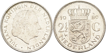 Нидерланды 2 1/2 гульдена 1980 Юлиана (1948-1980) KM 191 никель 4593-711