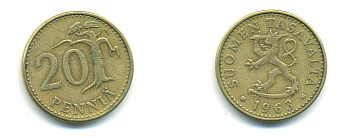 ФИНЛЯНДИЯ 20 ПЕННИ 1963 S KM 47 алюминиевая бронза 80-435