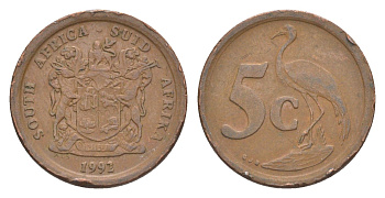 ЮАР 5 центов 1992 герб, райский журавль KM 134 сталь плакированная медью 4621-521